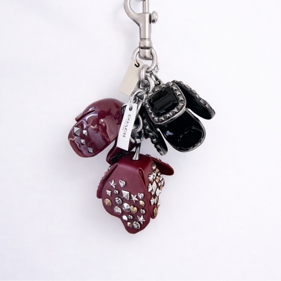 Coach Tea Rose Studded Leather Bag Charm Keychain Black Burgundy 2017 NWT